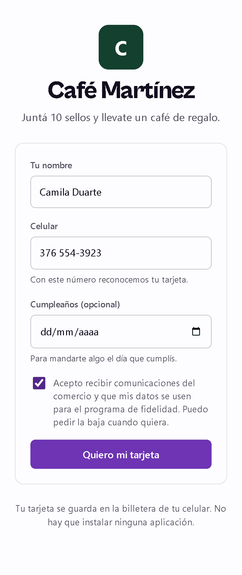 Pantalla real de registro al programa de Café Martínez