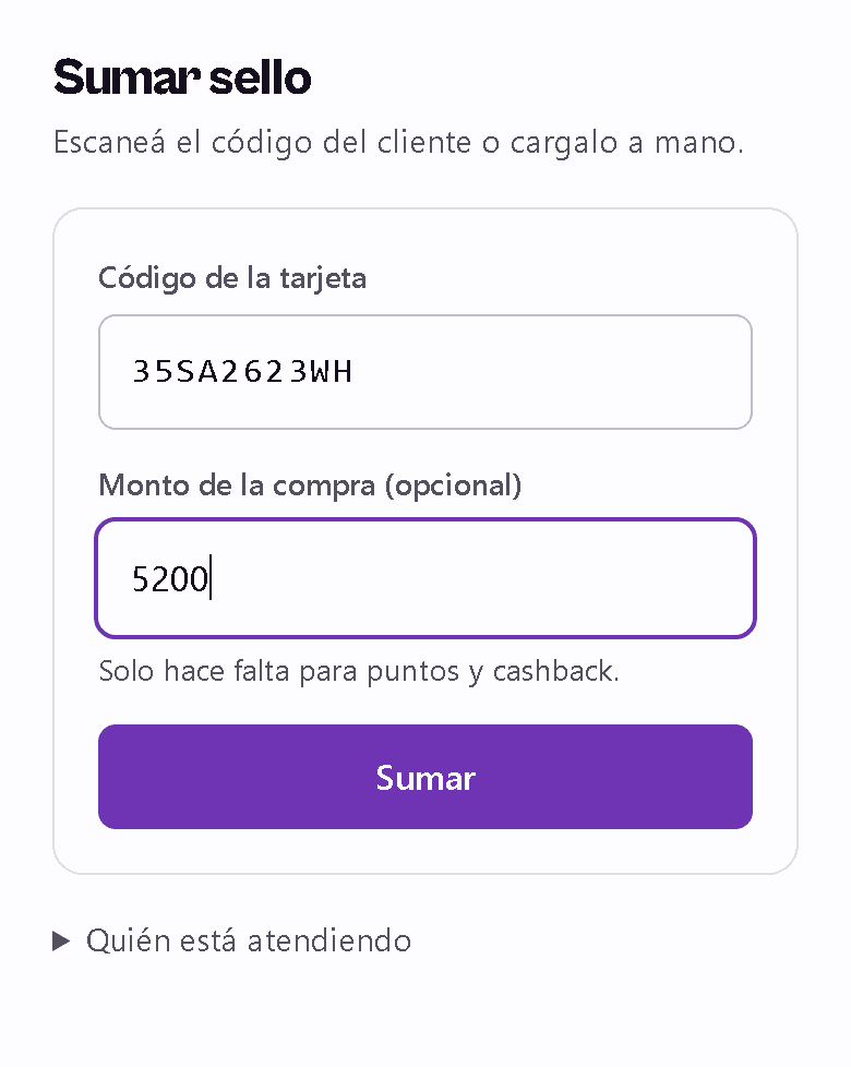 Pantalla real para sumar un sello con el código del cliente