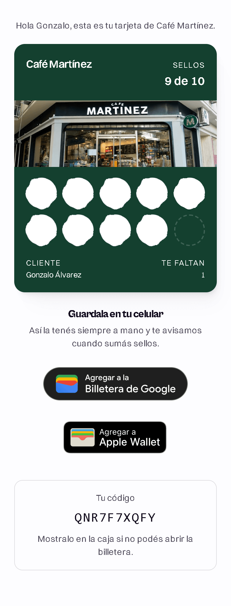 Tarjeta real de Café Martínez, lista para guardar en la billetera del celular